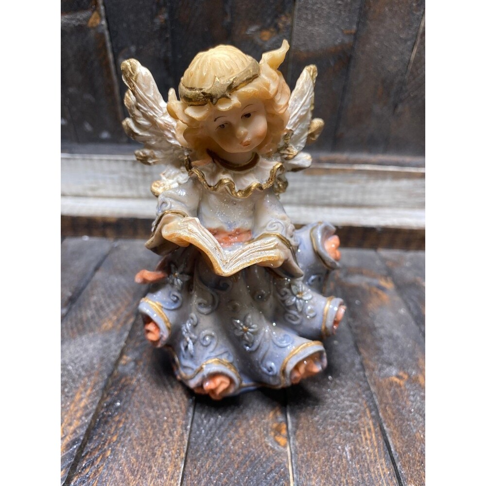 Vintage Resin Angel Figurine Child With Book Flowing Glittered Gown Decor
